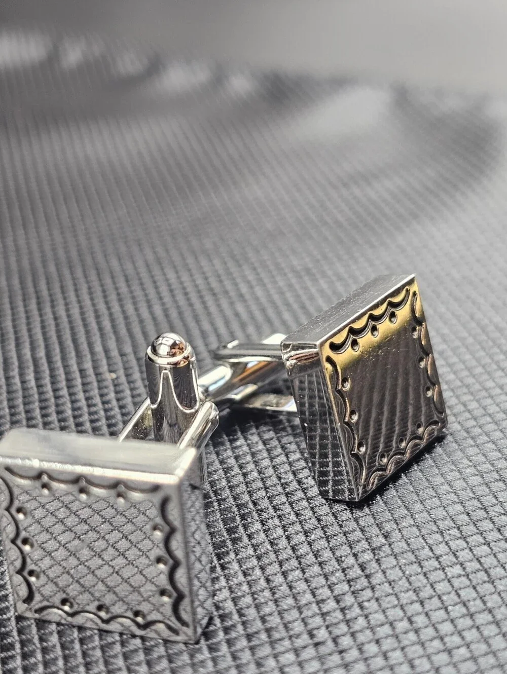 Vintage Silver Tone Square Patterned Cufflinks